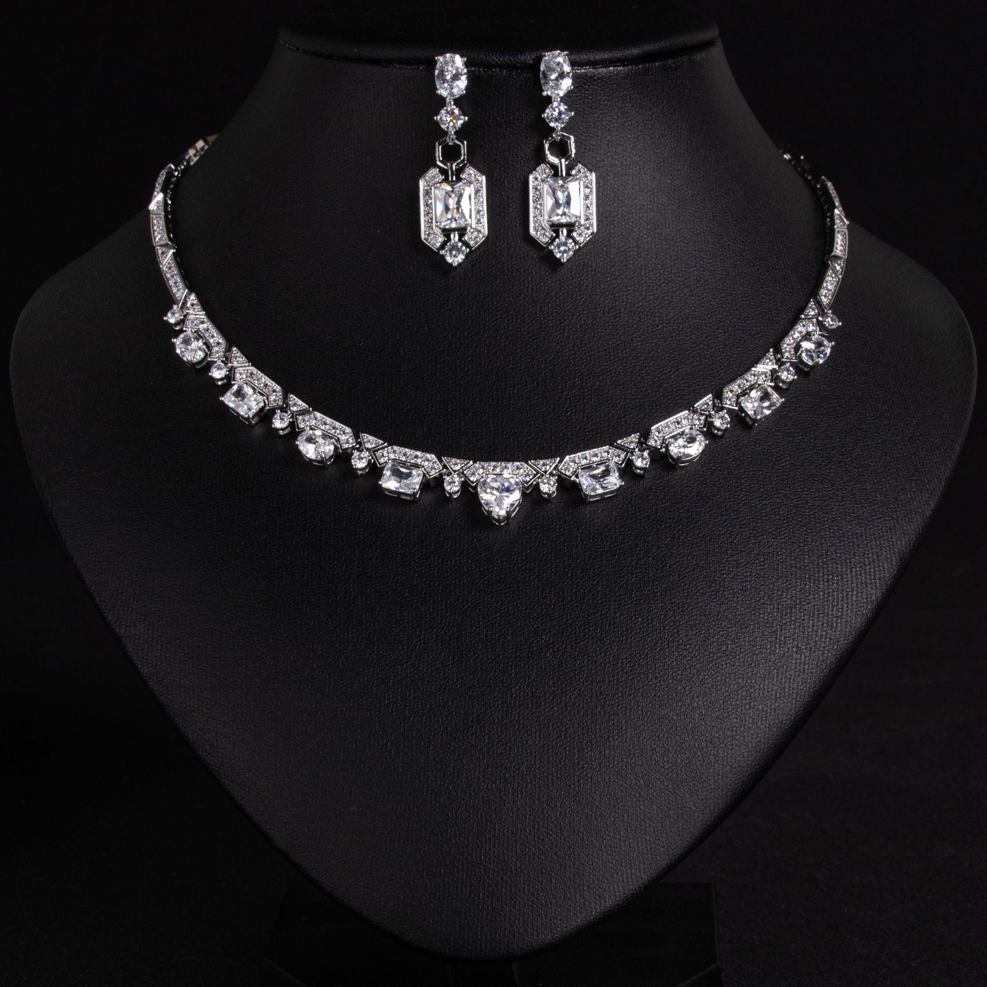 European and American Bride Colorful Zircon Necklace and Earrings Two-Piece Set Wedding Dress Versatile Noble Earrings Banquet Chain Set