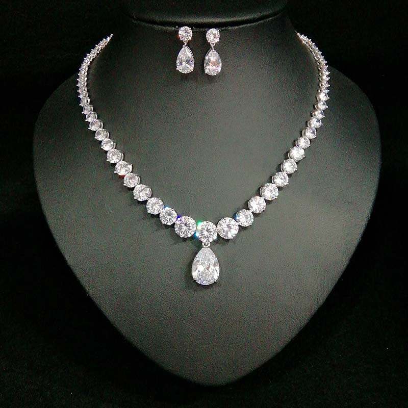 European and American Cross-Border Hot-Selling Necklace Water Drop Zircon Earrings Set Bridal Jewelry Birthday Party Banquet Accessories