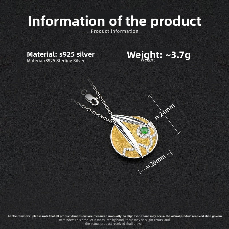 Italian Brushed Craft Vintage Relief 925 Silver Electroplated Silver Pendant Necklace Natural Ice Jade High-end Necklace