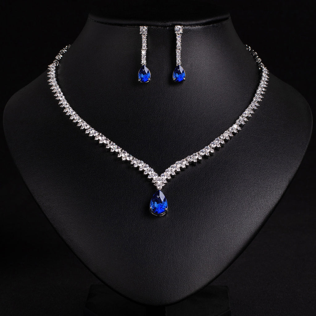 AliExpress Cross-Border Hot-Selling Korean Version 3A Water Drop Pendant Zircon Necklace Earrings Simple Casual Bride Jewelry Set