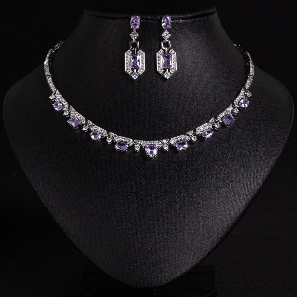 European and American Bride Colorful Zircon Necklace and Earrings Two-Piece Set Wedding Dress Versatile Noble Earrings Banquet Chain Set