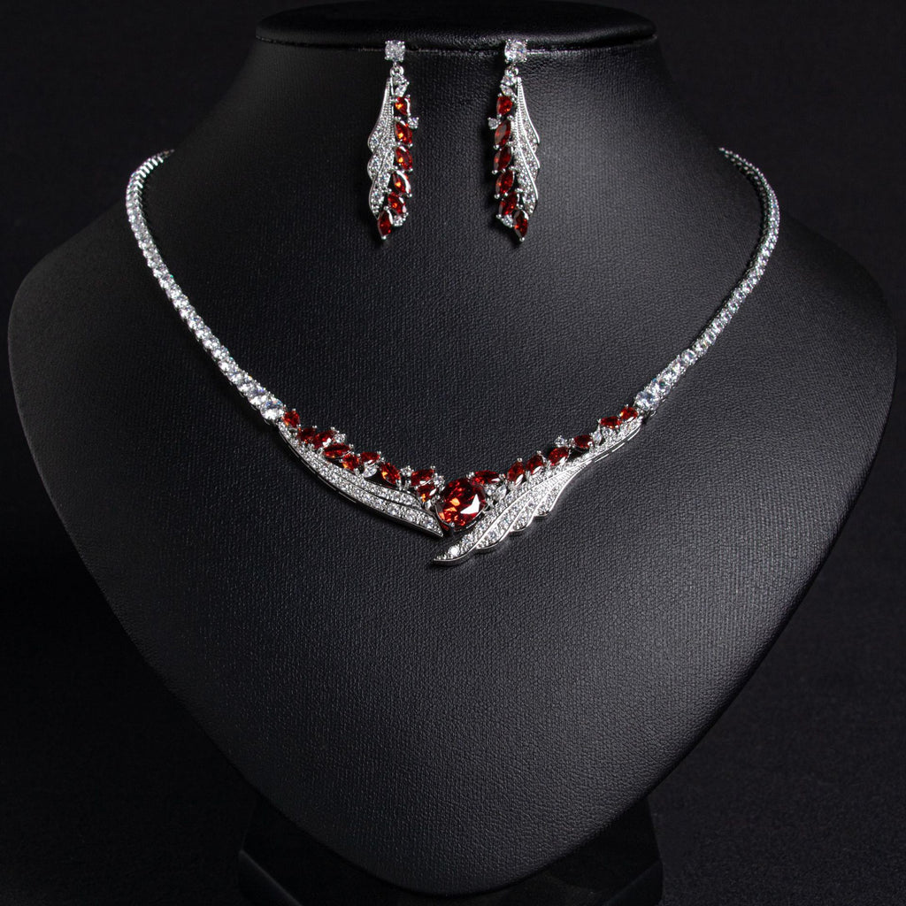 Women's Simple Angel Wings Banquet Zircon Full Diamond Necklace Earrings Pendant Set Bridal Wedding Dress Accessories