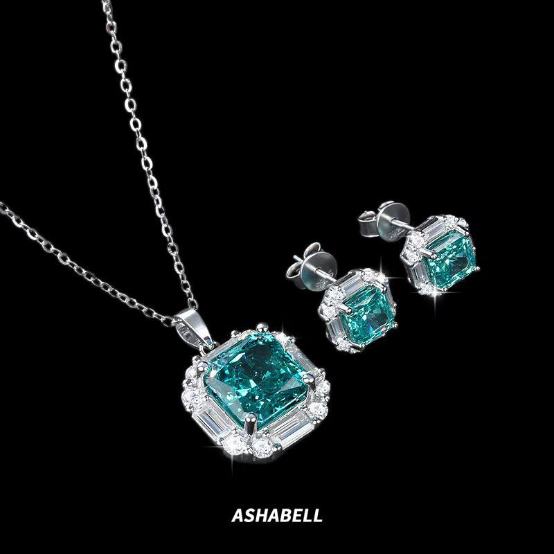 Paraiba Ice Flower Cut Zirconia Earrings Necklace Jewelry Set S925 Sterling Silver Sapphire Earrings Necklace