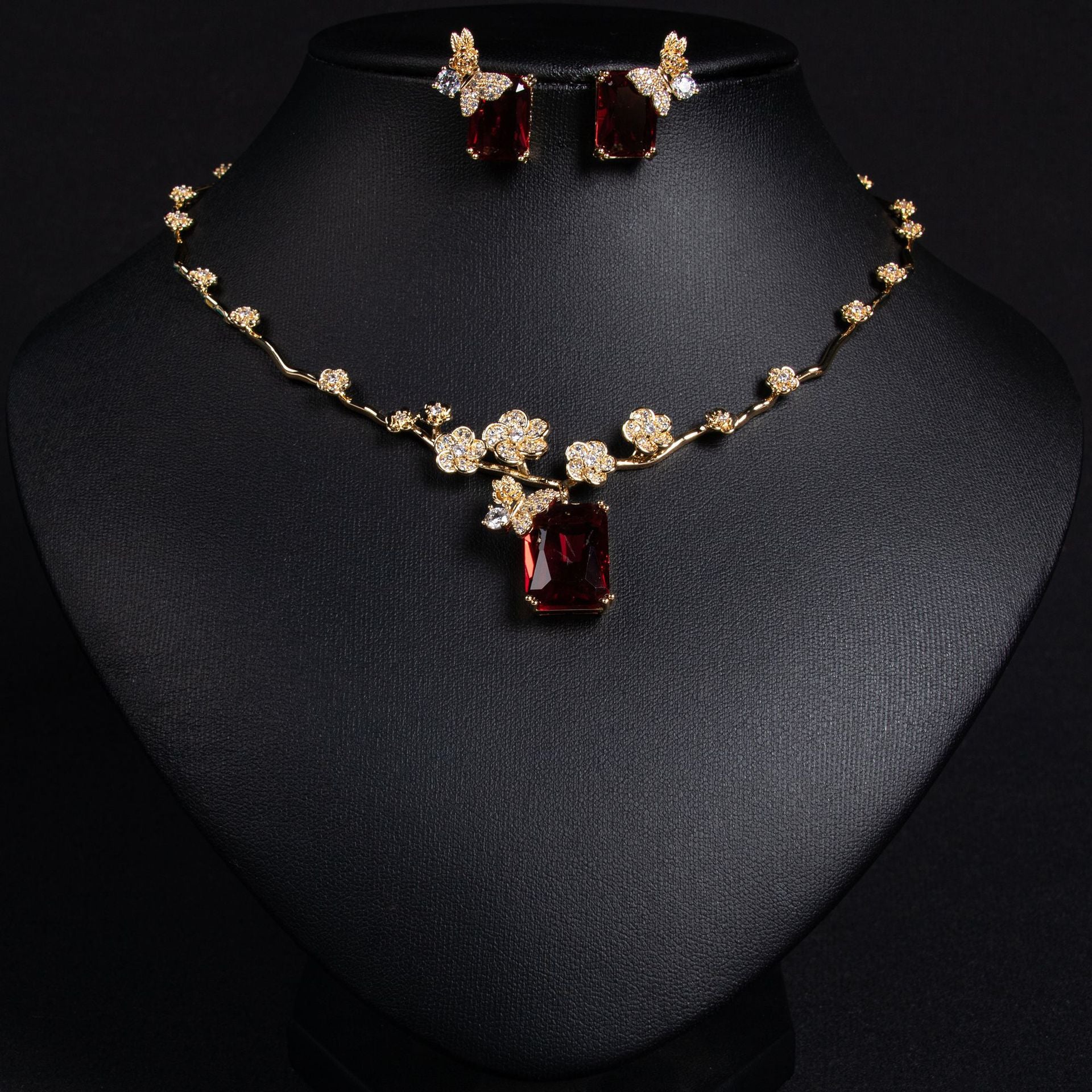 European and American New Style Ruby Necklace and Earring Set Simple Versatile Fashion Square Zircon Necklace Clavicle Chain Wholesale