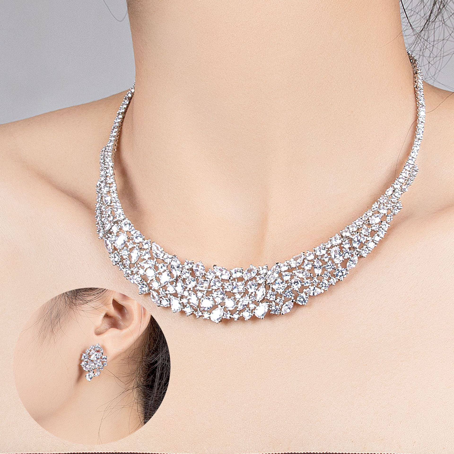 European and American INS Hip-Hop New Luxury Elegant Simple Sparkling High-Grade Zircon Bridal Jewelry Necklace Earring Set