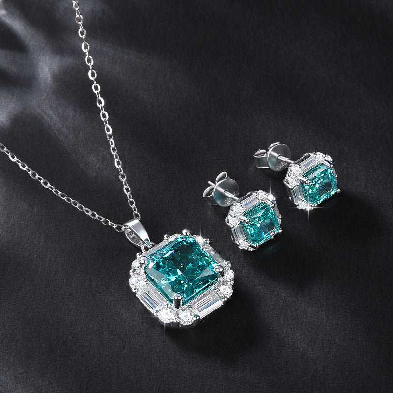 Paraiba Ice Flower Cut Zirconia Earrings Necklace Jewelry Set S925 Sterling Silver Sapphire Earrings Necklace