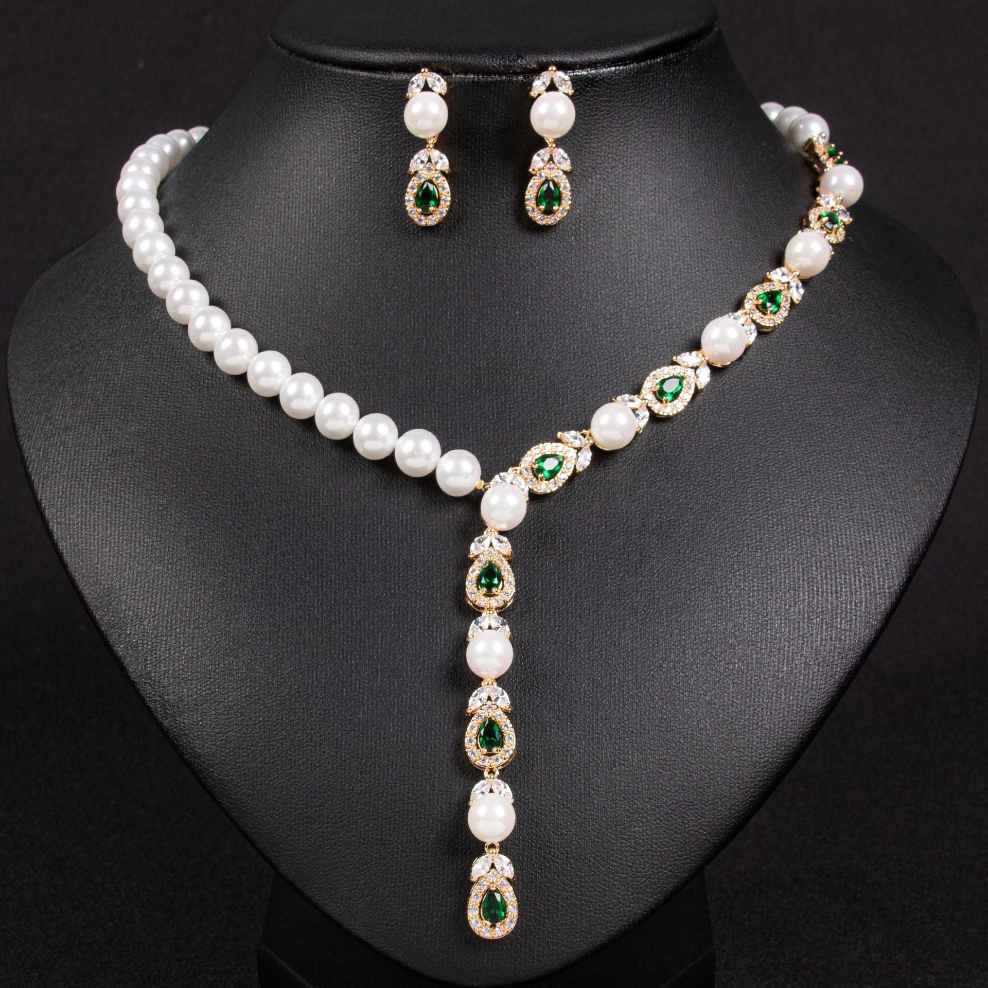 Cross-Border European and American Luxury Pearl Necklace Earrings Set Full Diamond AAA Zircon Banquet Exquisite Accessories Bridal Jewelry