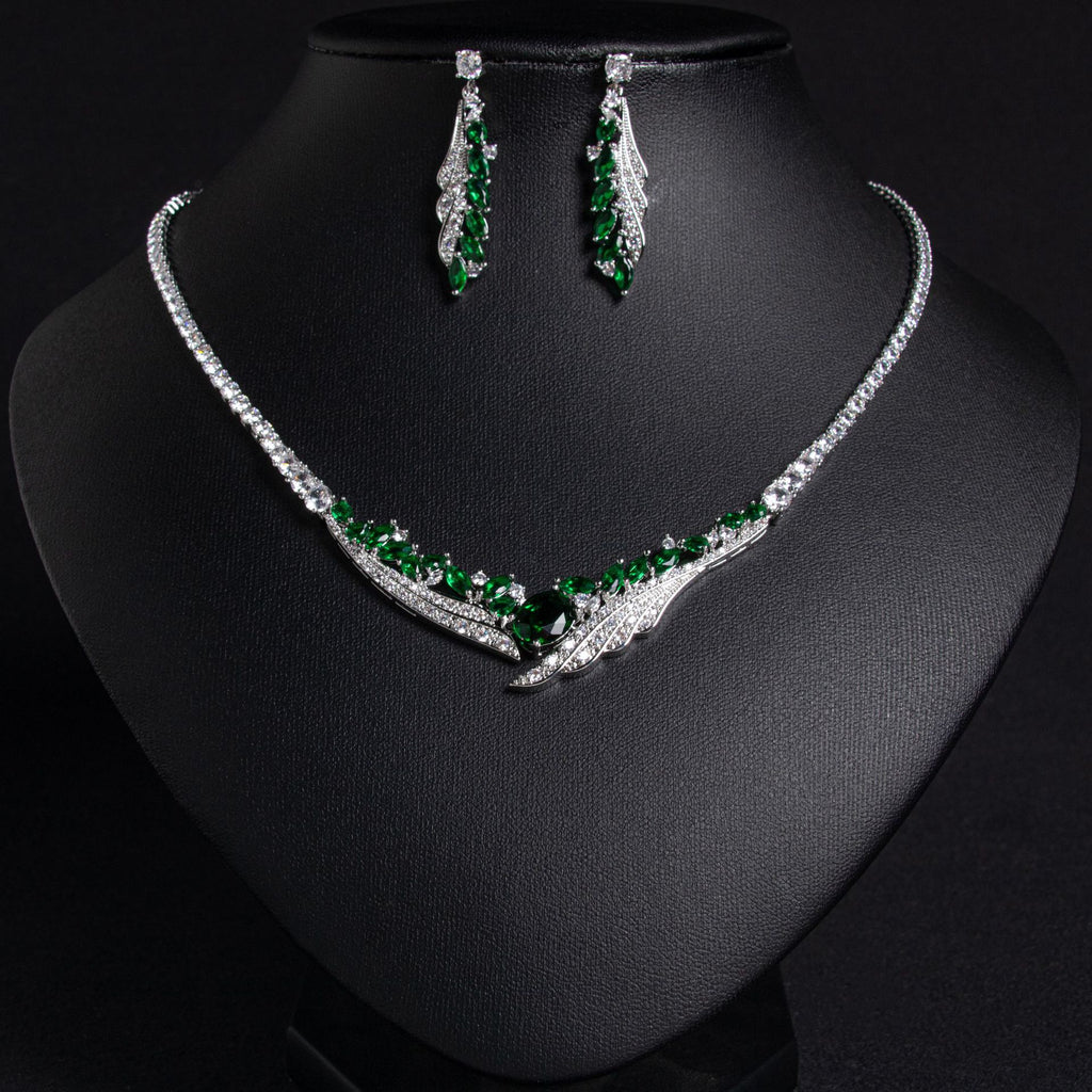 Women's Simple Angel Wings Banquet Zircon Full Diamond Necklace Earrings Pendant Set Bridal Wedding Dress Accessories