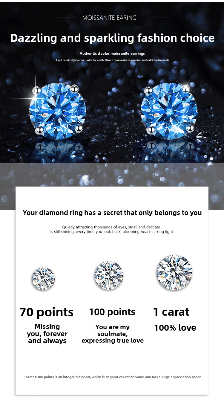 Four-Claw Moissanite Earrings High-End Simple Earrings S925 Sterling Silver Earrings for Women Blue Moissanite Earrings