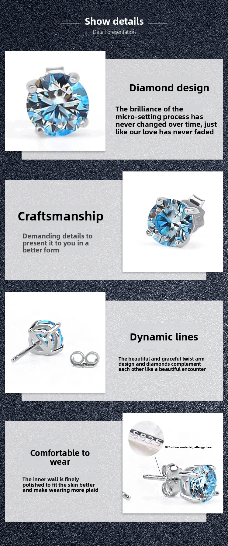 Four-Claw Moissanite Earrings High-End Simple Earrings S925 Sterling Silver Earrings for Women Blue Moissanite Earrings