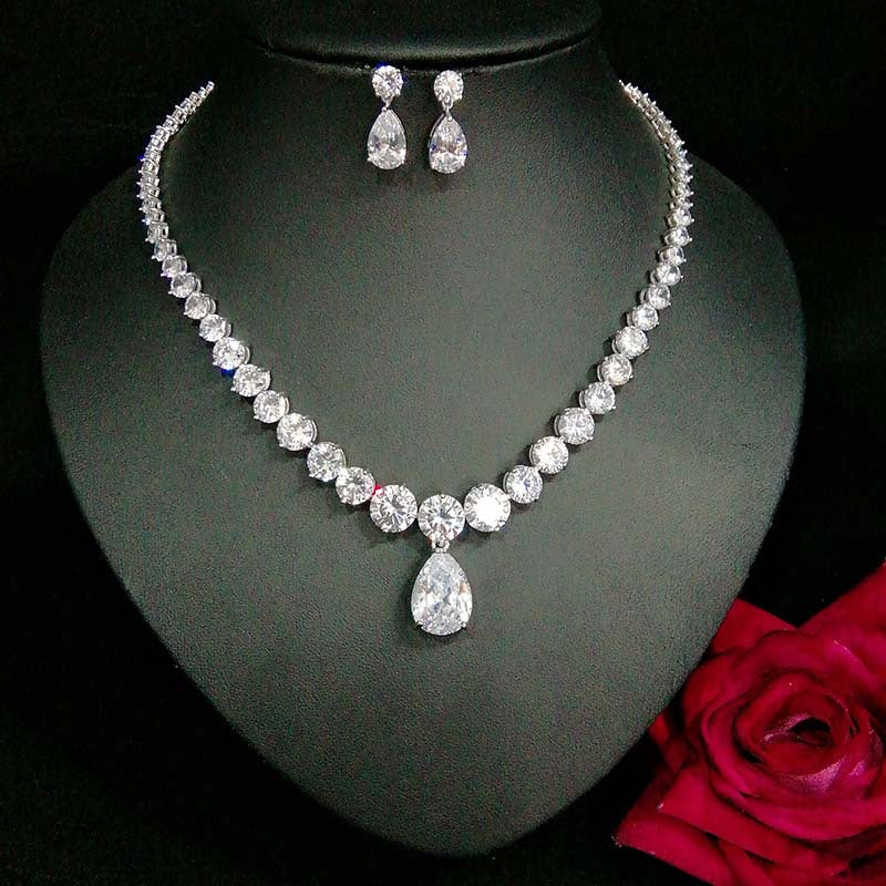 European and American Cross-Border Hot-Selling Necklace Water Drop Zircon Earrings Set Bridal Jewelry Birthday Party Banquet Accessories