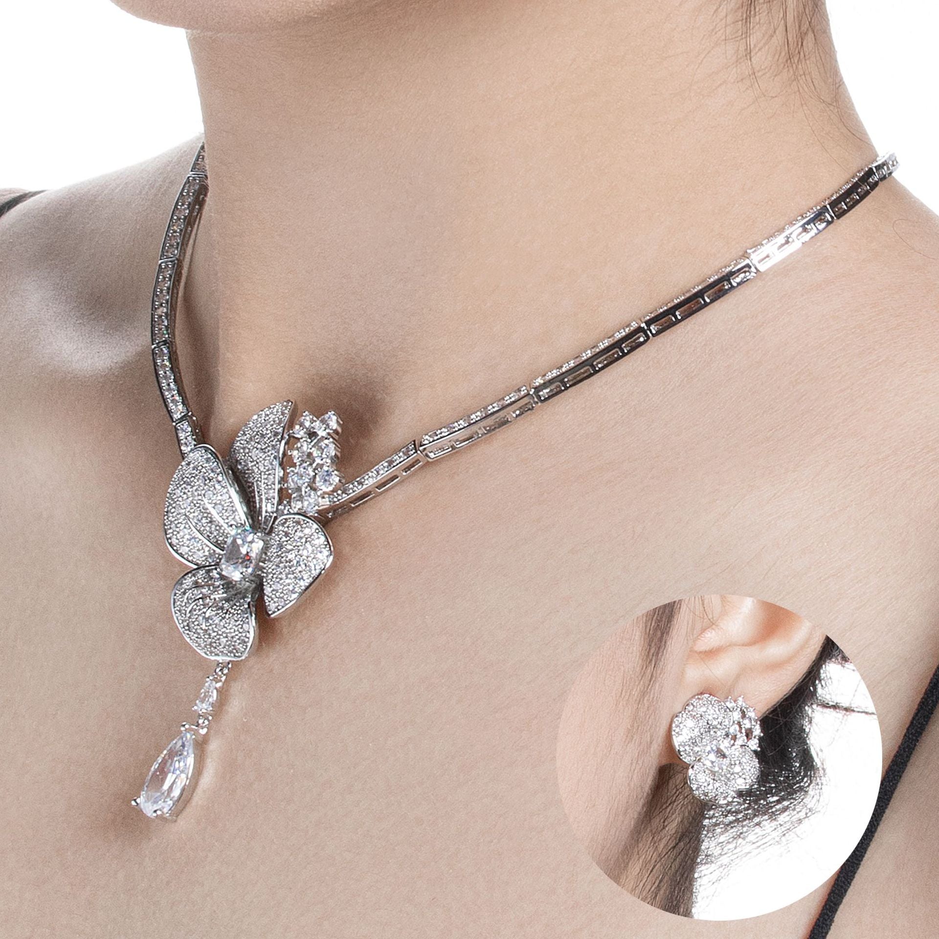 European and American Cross-Border Flower Zircon Necklace and Earring Set High-End Niche Luxury Bridal Dress Accessories Wholesale