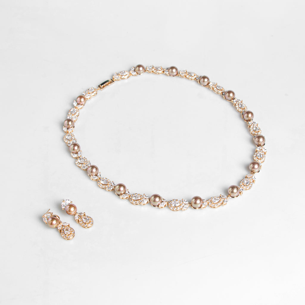 Korean Style Wedding Luxurious Pearl Necklace Earrings Set Full Diamond AAA Zircon Banquet Exquisite Accessories Bride Jewelry