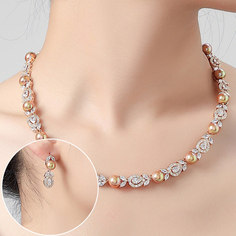 Korean Style Wedding Luxurious Pearl Necklace Earrings Set Full Diamond AAA Zircon Banquet Exquisite Accessories Bride Jewelry