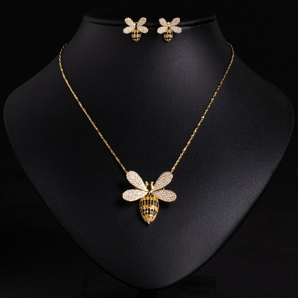 Internet Celebrity Hot-Selling Bee Zircon Ring Earrings Necklace Diamond-Studded Bee Pendant Exquisite Personality Sweet Set