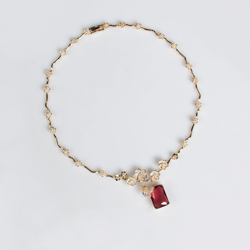 European and American New Style Ruby Necklace and Earring Set Simple Versatile Fashion Square Zircon Necklace Clavicle Chain Wholesale