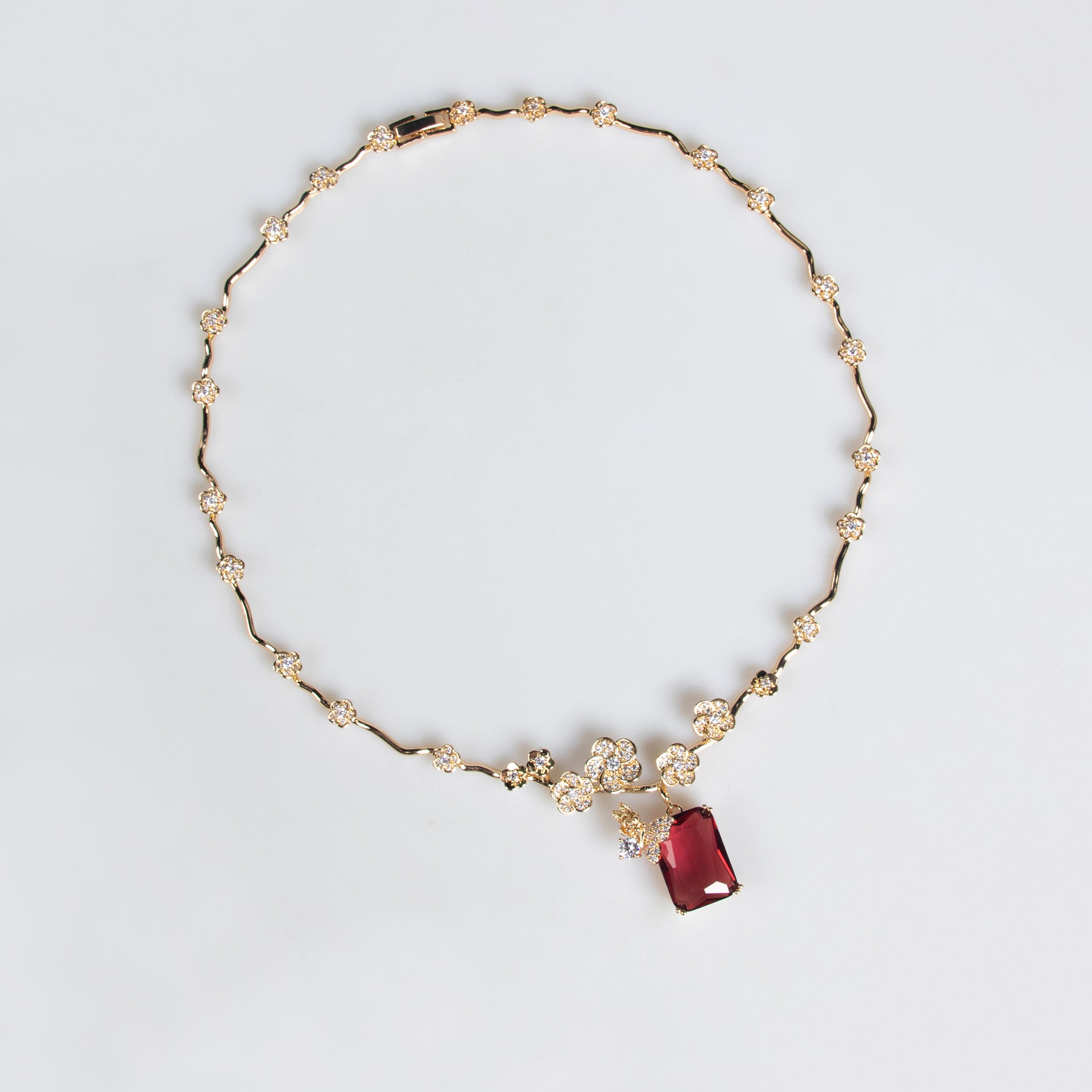 European and American New Style Ruby Necklace and Earring Set Simple Versatile Fashion Square Zircon Necklace Clavicle Chain Wholesale