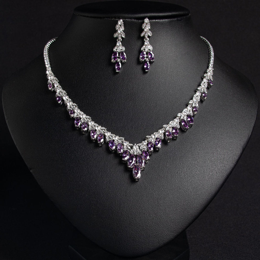 European and American Simple Luxury Bridal Zircon Set Elegant Necklace and Earrings Two-Piece Fashionable Banquet Wedding Accessories