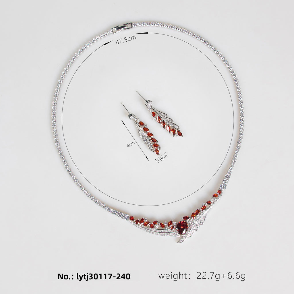 Women's Simple Angel Wings Banquet Zircon Full Diamond Necklace Earrings Pendant Set Bridal Wedding Dress Accessories