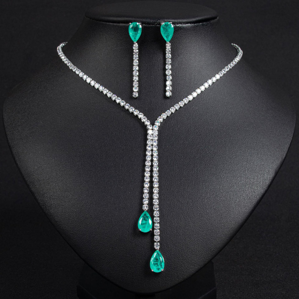 Cross-Border European and American Necklace Summer Women's High-End Light Luxury Water Drop Zircon Necklace Earring Set Natural Zircon Necklace