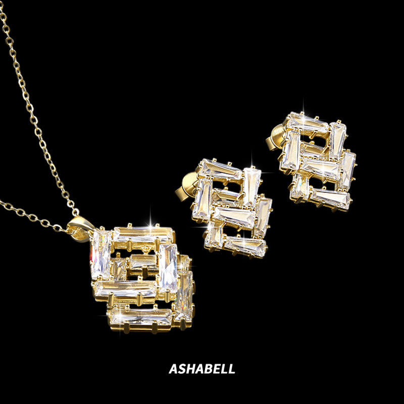 New In-Stock Zircon Geometric Earrings Necklace Set High-End Fashion Versatile Square Earrings Necklace