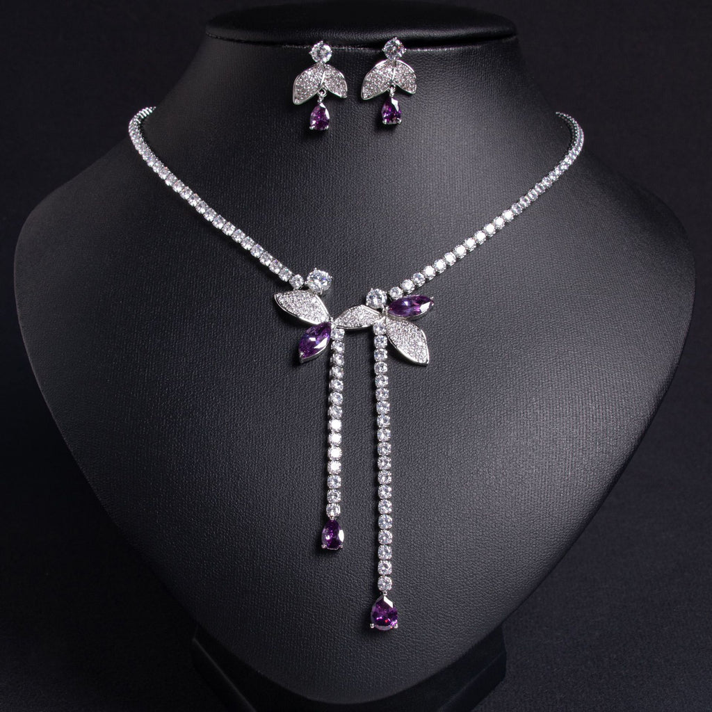 Cross-Border Bride Banquet Casual Zircon Necklace Female Niche Flower Tassel Pendant Zircon Earrings Set Wholesale