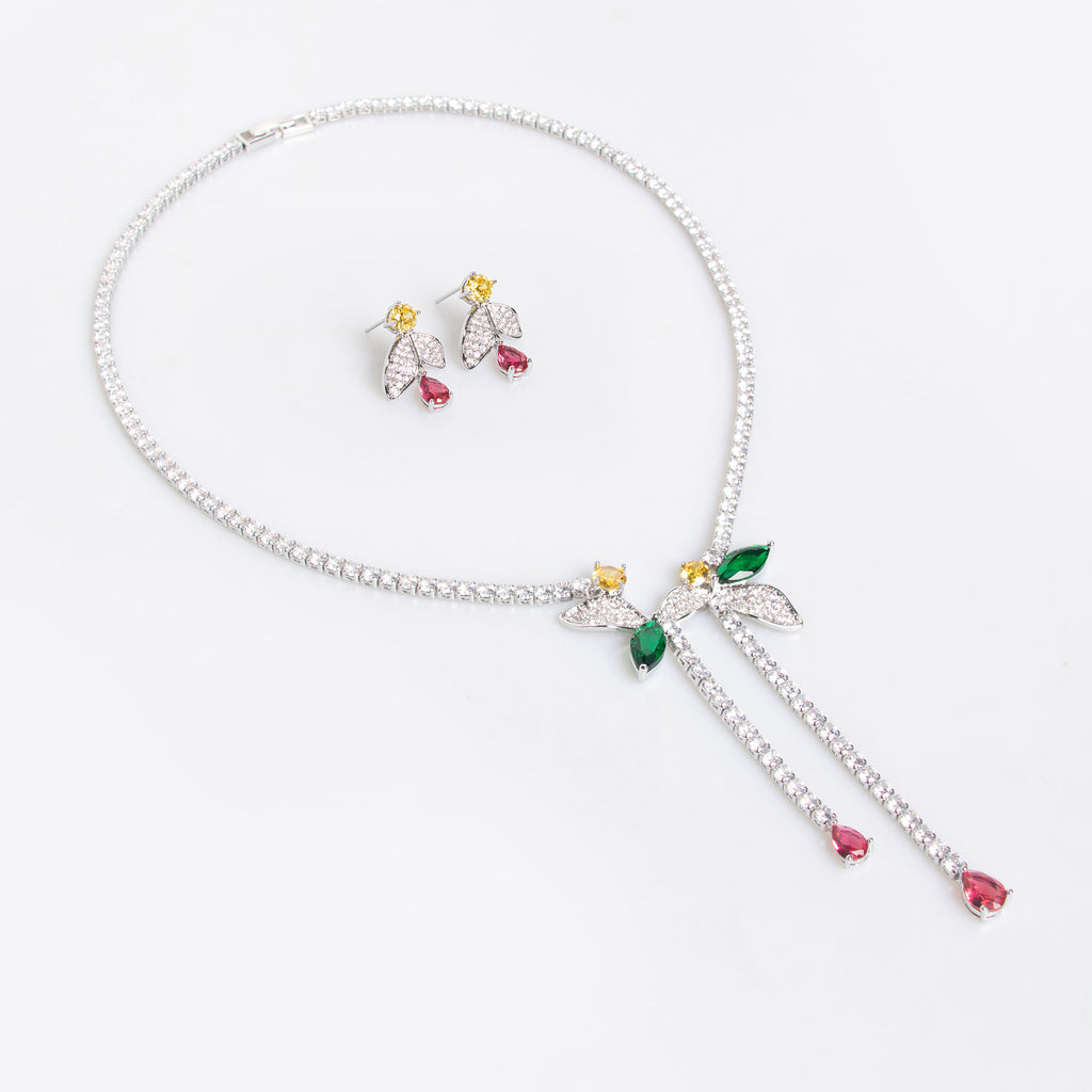 Cross-Border Bride Banquet Casual Zircon Necklace Female Niche Flower Tassel Pendant Zircon Earrings Set Wholesale