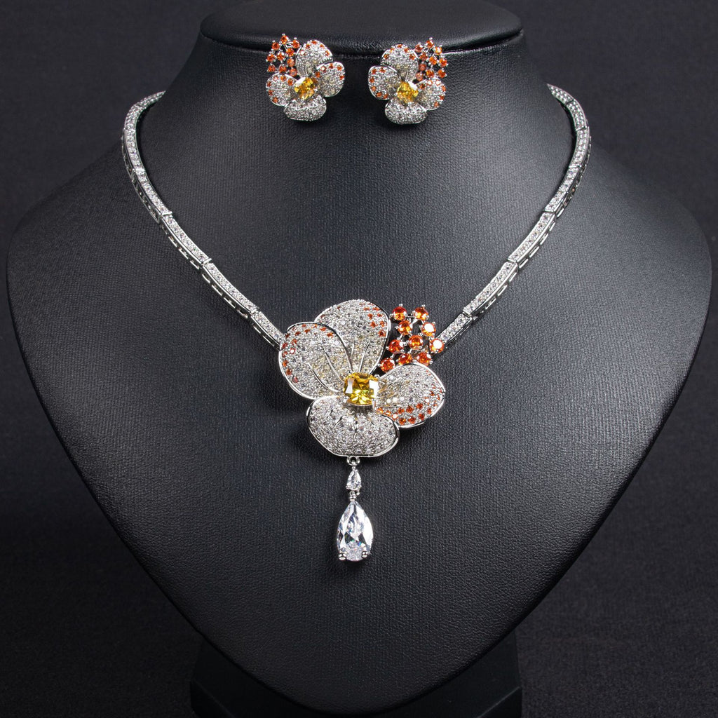 European and American Cross-Border Flower Zircon Necklace and Earring Set High-End Niche Luxury Bridal Dress Accessories Wholesale