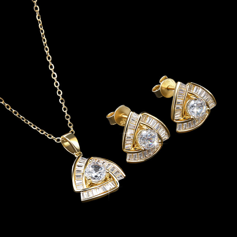 Cross-Border Fashion Elegant Light Luxury Full Diamond Exquisite Element Wind Ice Flower Cut Zircon Earrings Necklace Jewelry Set