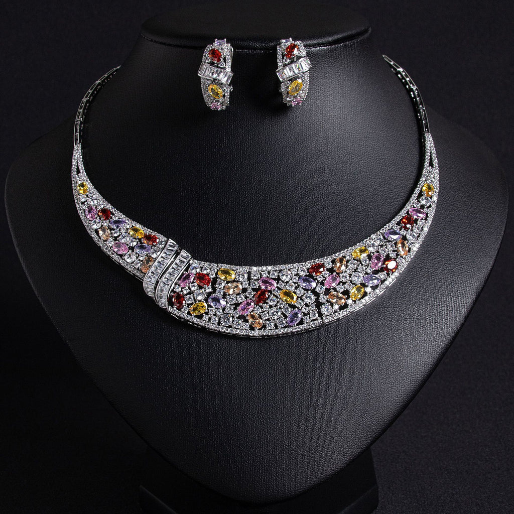 Elegant Beauty Wedding Dress Women's Luxurious Snake Bone Chain Zircon Necklace Earrings European and American Printed Set Accessories