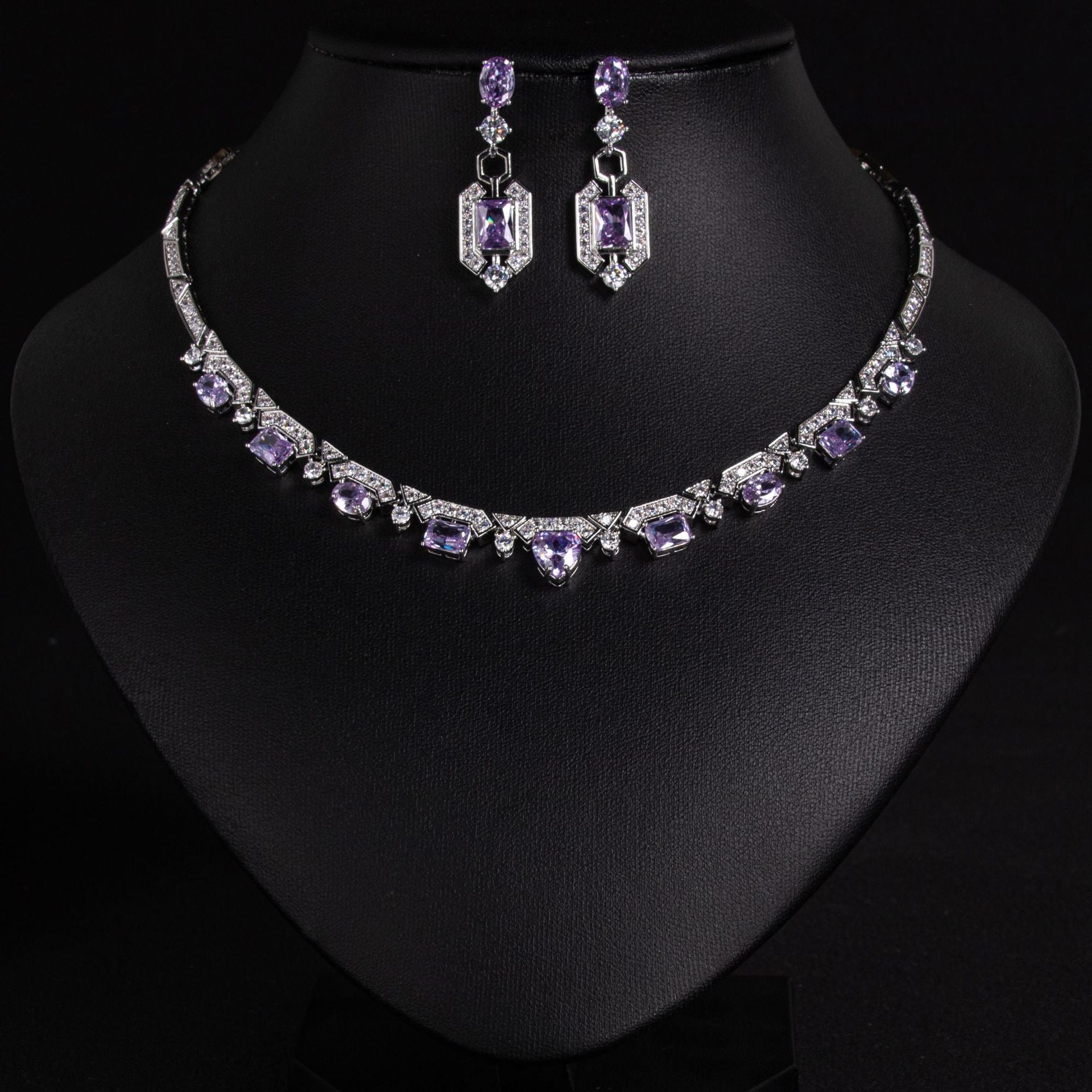 European and American Bride Colorful Zircon Necklace and Earrings Two-Piece Set Wedding Dress Versatile Noble Earrings Banquet Chain Set