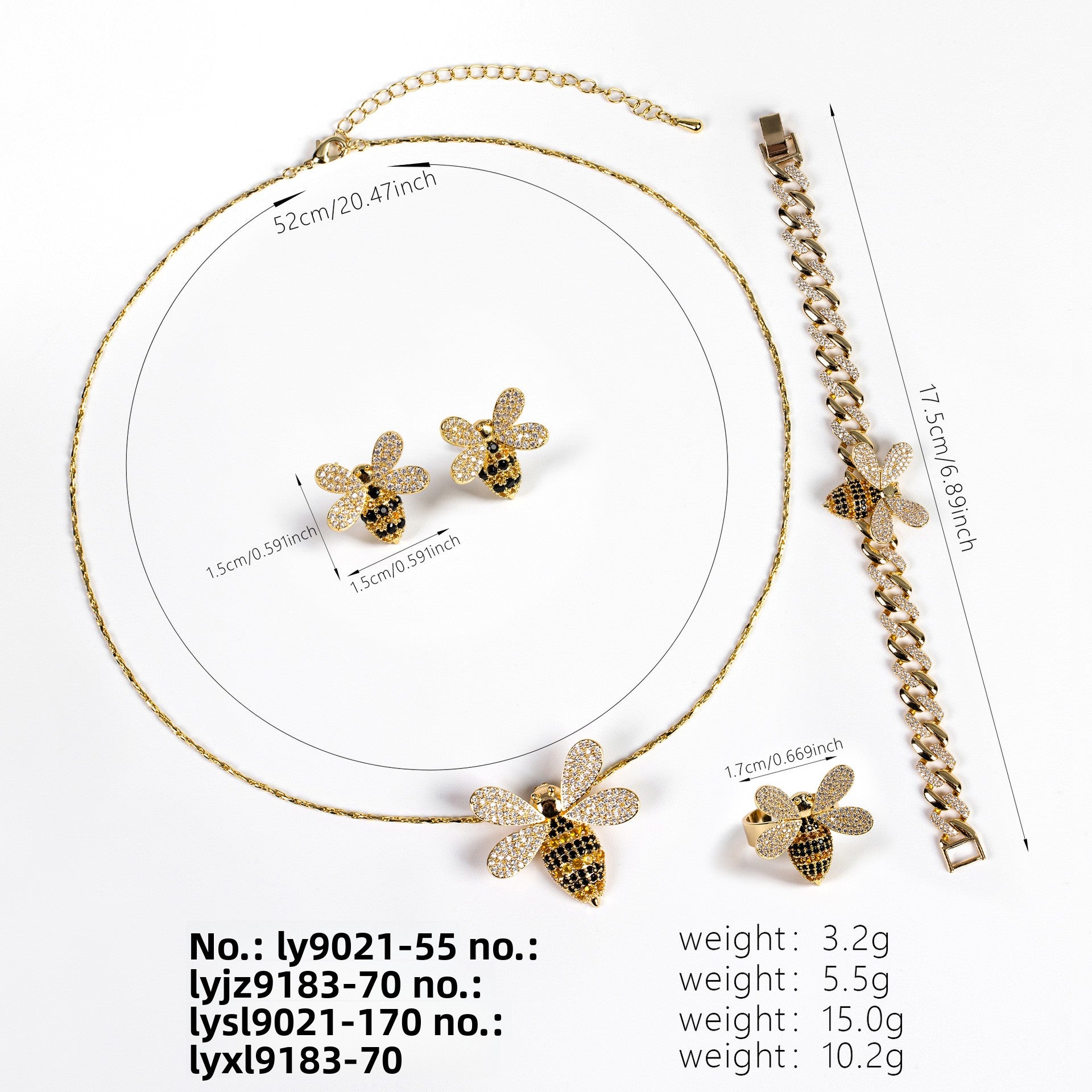 Internet Celebrity Hot-Selling Bee Zircon Ring Earrings Necklace Diamond-Studded Bee Pendant Exquisite Personality Sweet Set