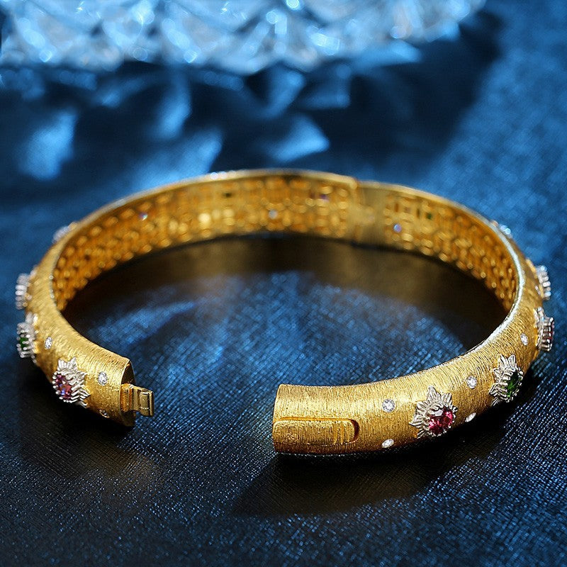 New Italian Craft Court Style Women's Brushed Bracelet Light Luxury Pure Silver Gold-Plated Gemstone High-End Niche Bracelet