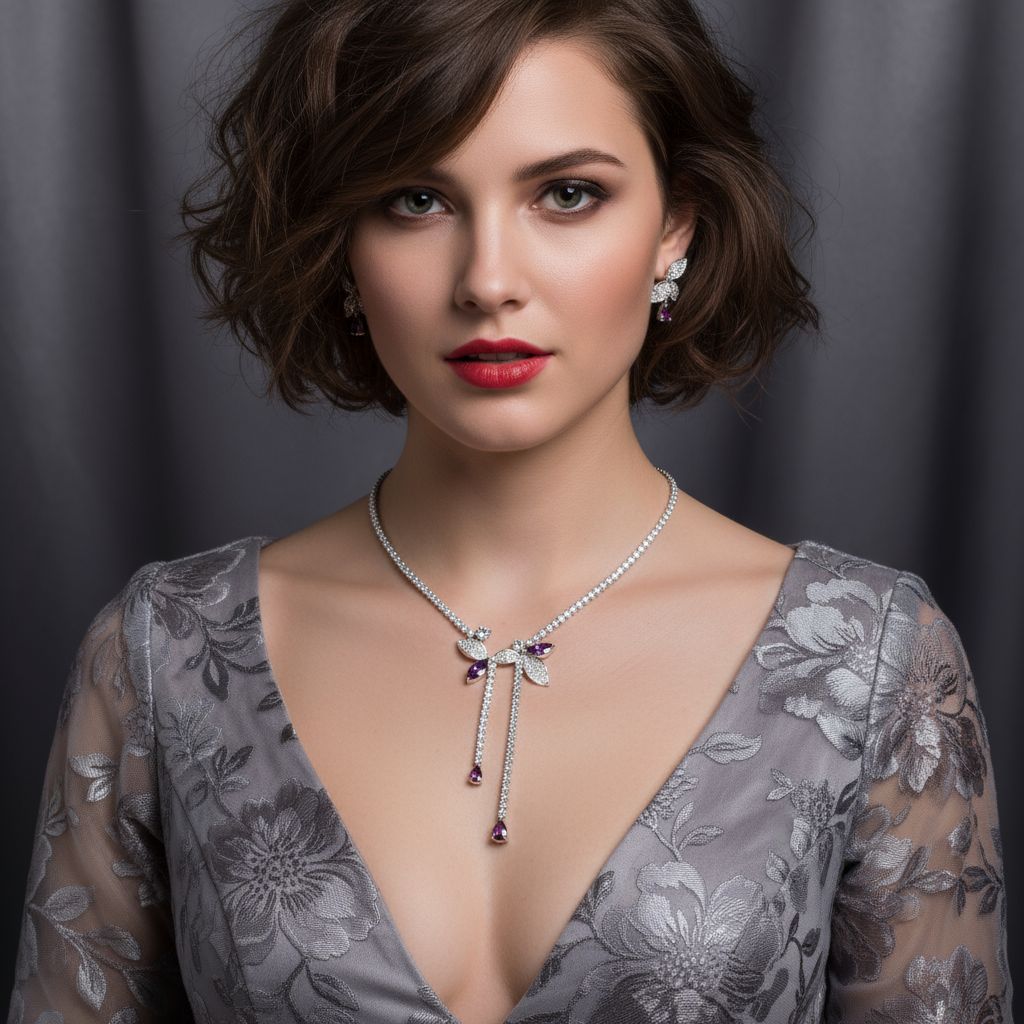 Cross-Border Bride Banquet Casual Zircon Necklace Female Niche Flower Tassel Pendant Zircon Earrings Set Wholesale