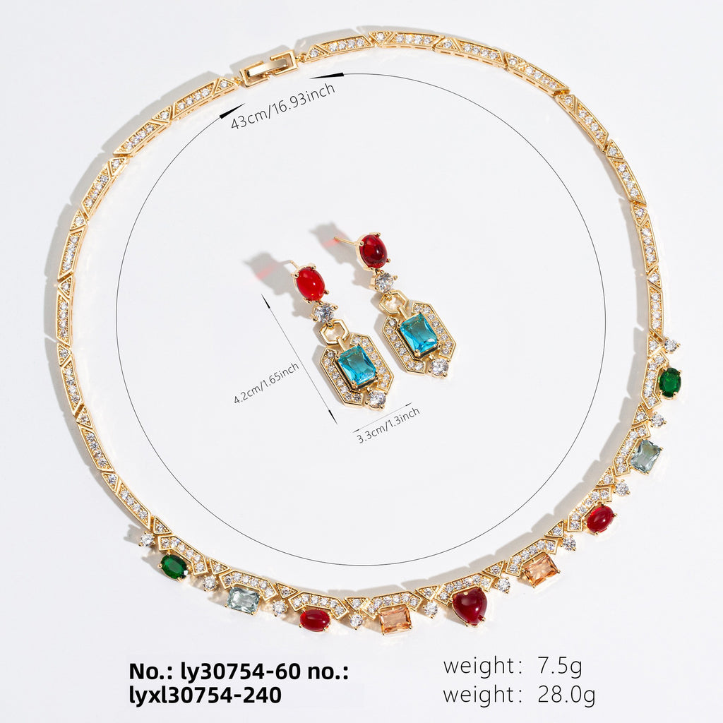 European and American Bride Colorful Zircon Necklace and Earrings Two-Piece Set Wedding Dress Versatile Noble Earrings Banquet Chain Set