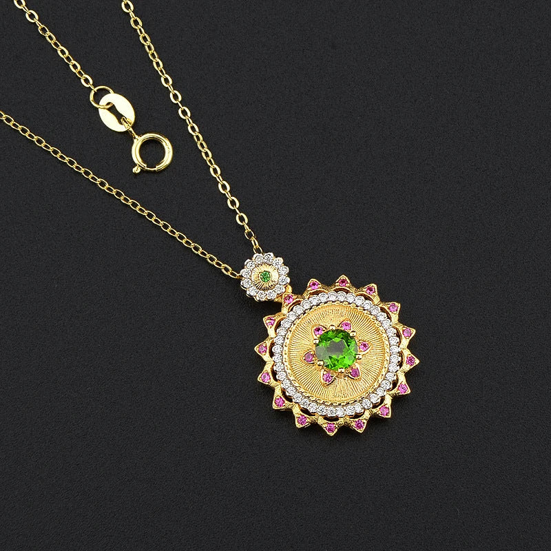 925 Sterling Silver Gold-Plated Gemstone Sunflower Vintage Necklace Cross-Border Women's Personality Temperament Collarbone Chain Necklace