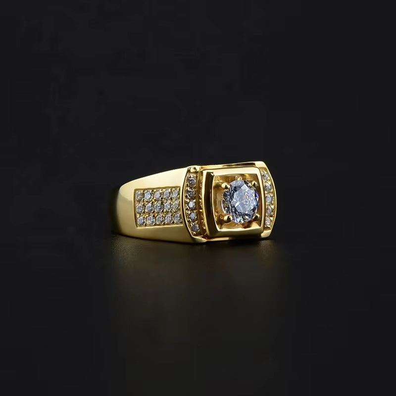 1 Carat 925 Sterling Silver D Color Moissanite Men's Ring European and American Domineering Boyfriend Ring 18K Gold Plated Men's Ring