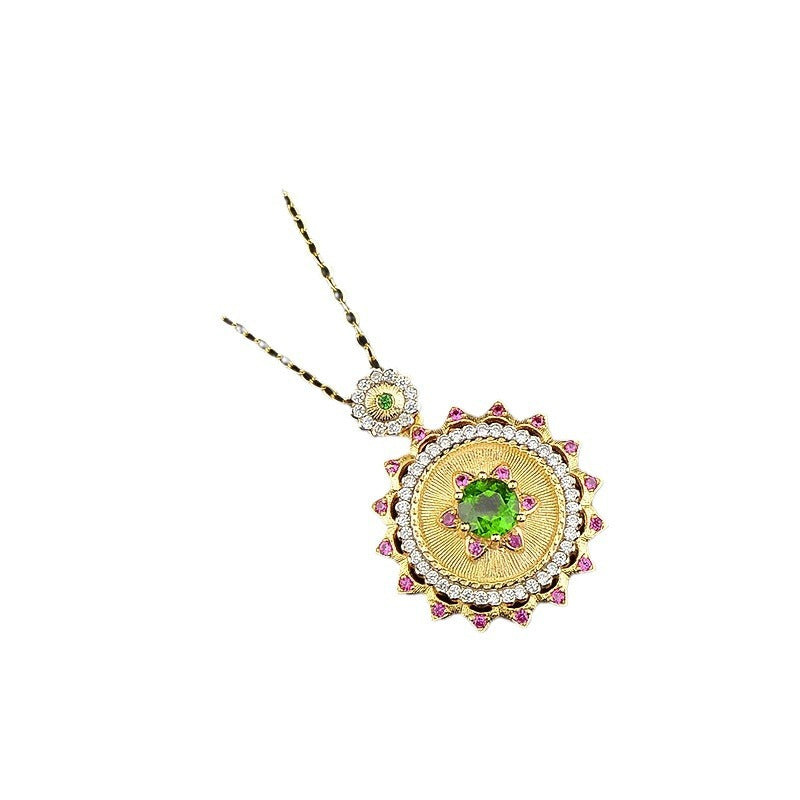 925 Sterling Silver Gold-Plated Gemstone Sunflower Vintage Necklace Cross-Border Women's Personality Temperament Collarbone Chain Necklace