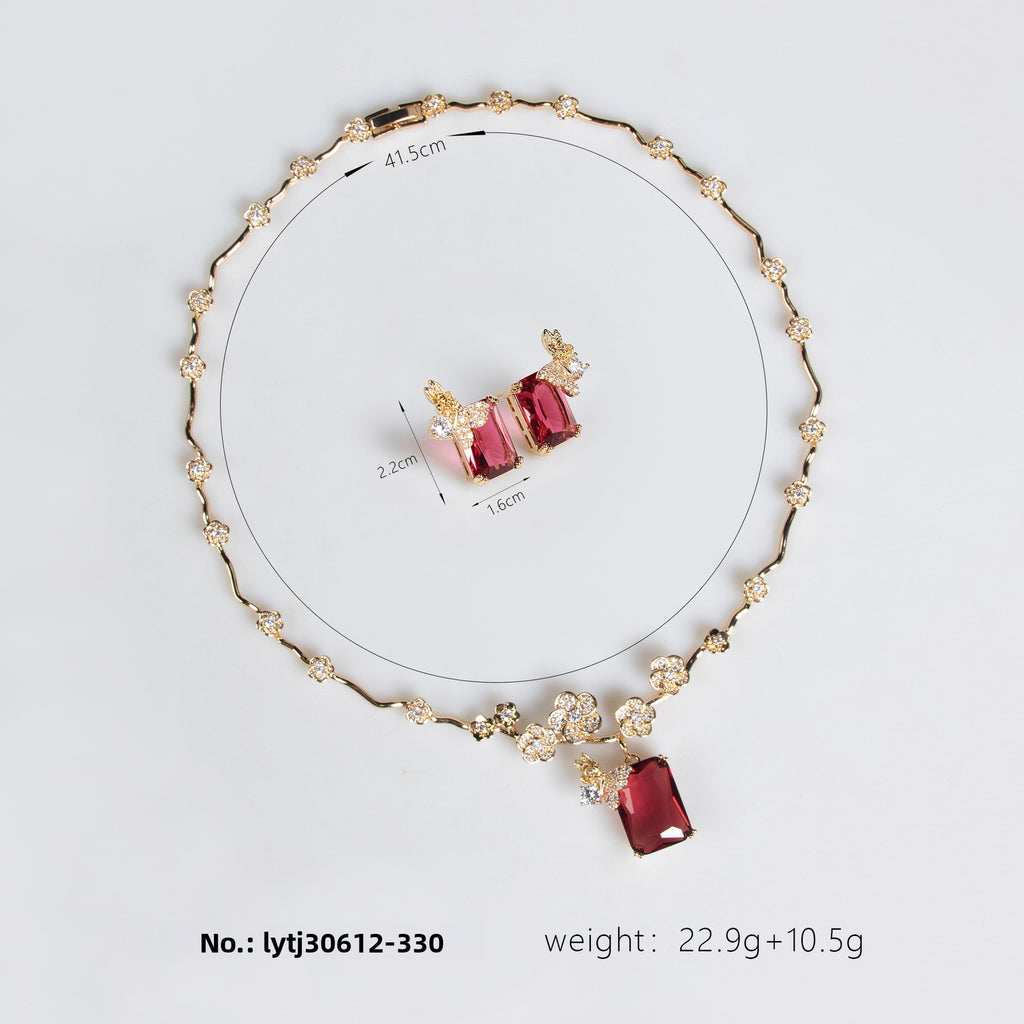 European and American New Style Ruby Necklace and Earring Set Simple Versatile Fashion Square Zircon Necklace Clavicle Chain Wholesale