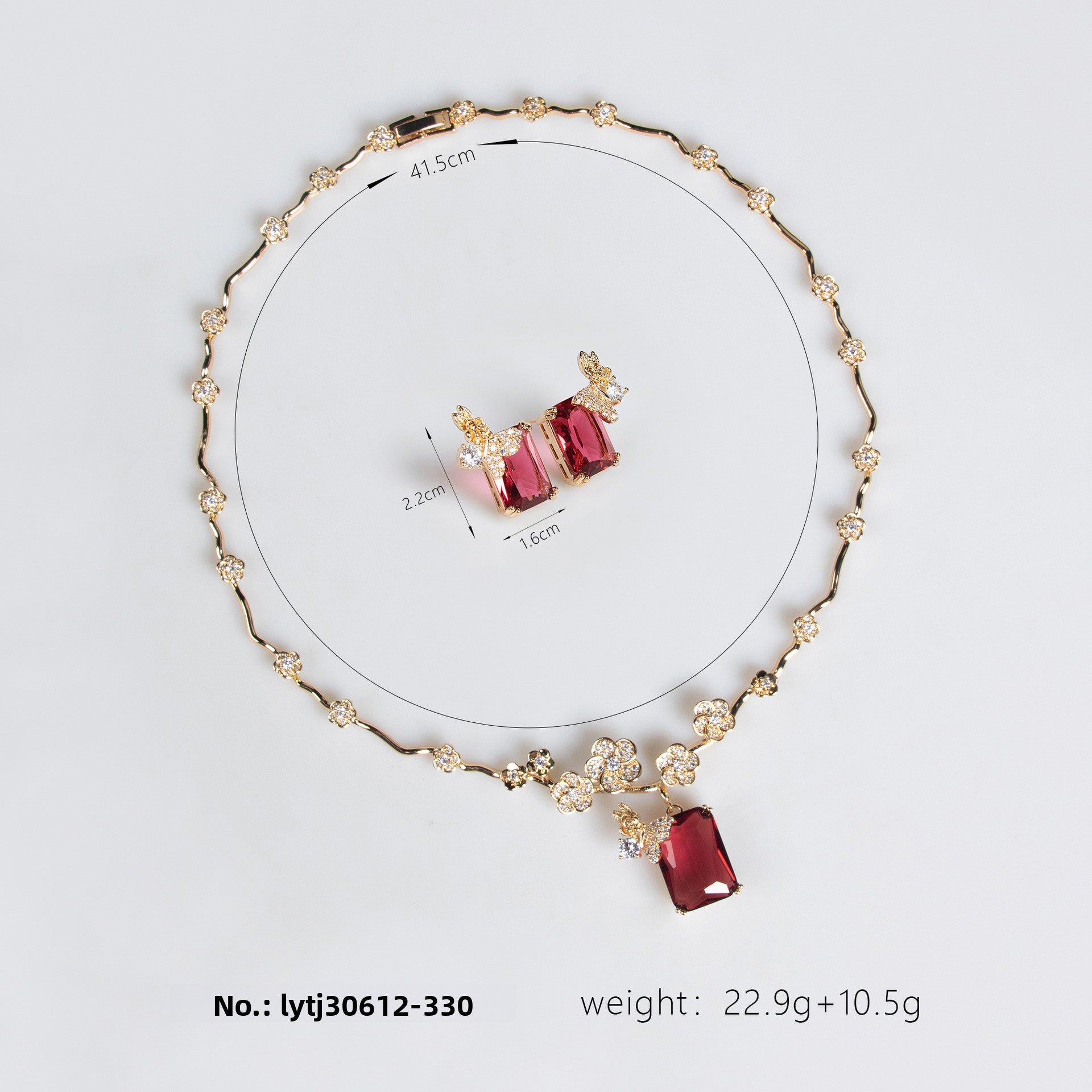 European and American New Style Ruby Necklace and Earring Set Simple Versatile Fashion Square Zircon Necklace Clavicle Chain Wholesale