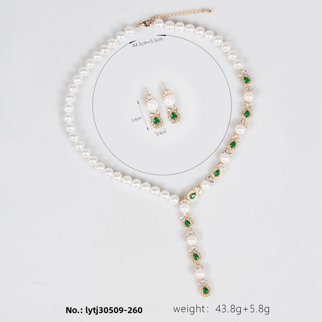 Cross-Border European and American Luxury Pearl Necklace Earrings Set Full Diamond AAA Zircon Banquet Exquisite Accessories Bridal Jewelry