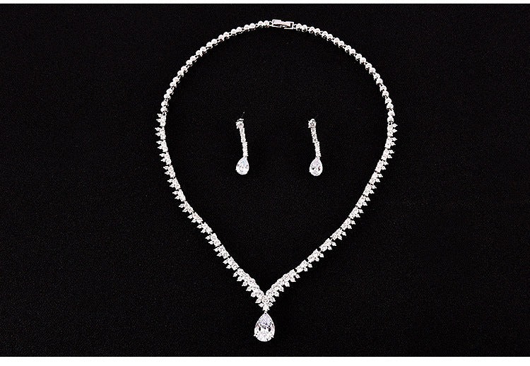 AliExpress Cross-Border Hot-Selling Korean Version 3A Water Drop Pendant Zircon Necklace Earrings Simple Casual Bride Jewelry Set