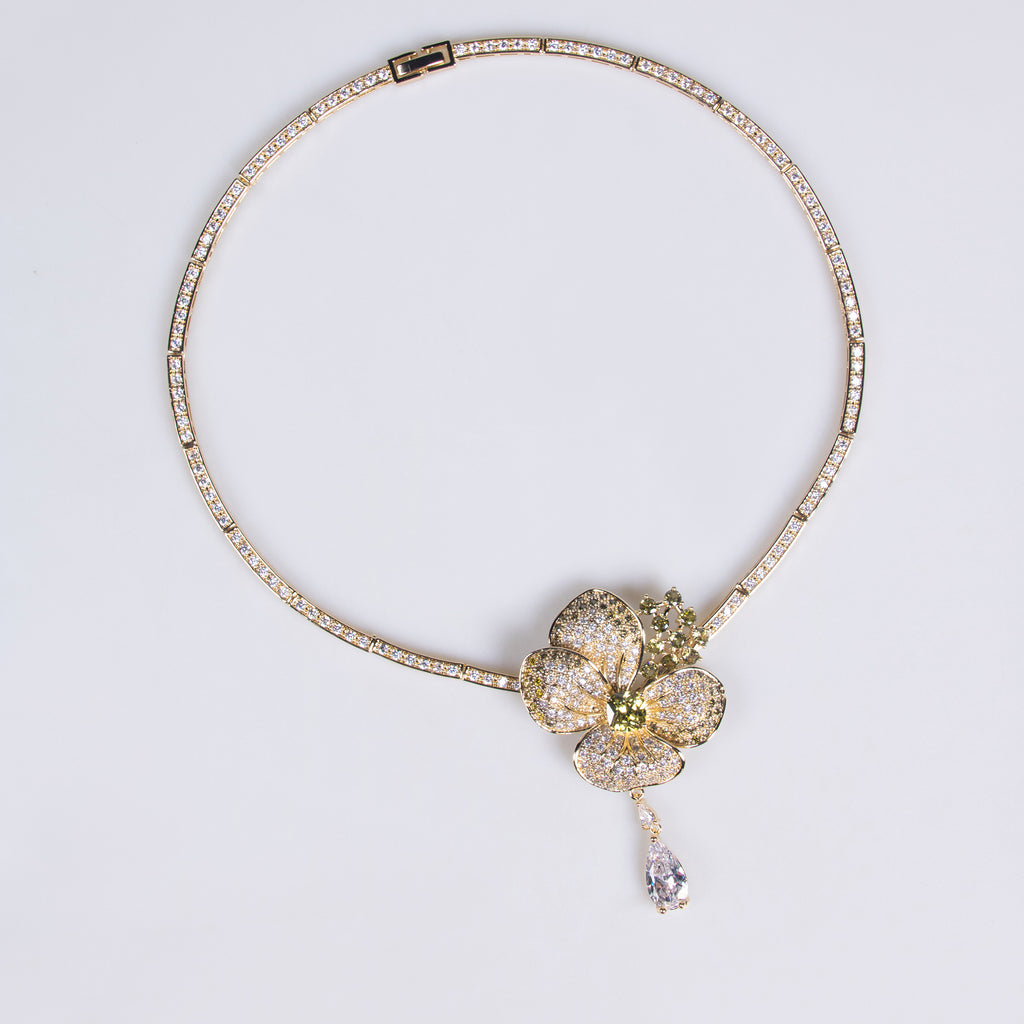 European and American Cross-Border Flower Zircon Necklace and Earring Set High-End Niche Luxury Bridal Dress Accessories Wholesale