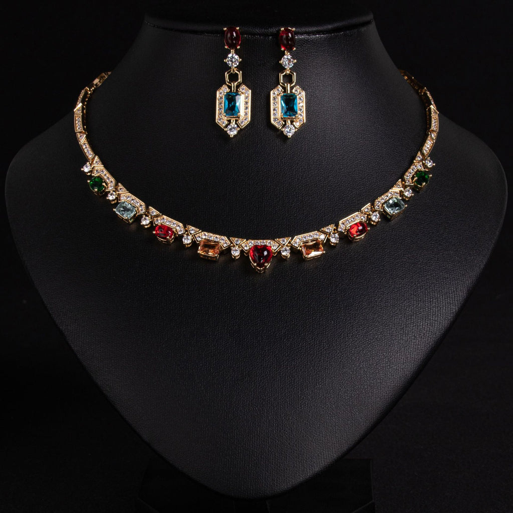 European and American Bride Colorful Zircon Necklace and Earrings Two-Piece Set Wedding Dress Versatile Noble Earrings Banquet Chain Set