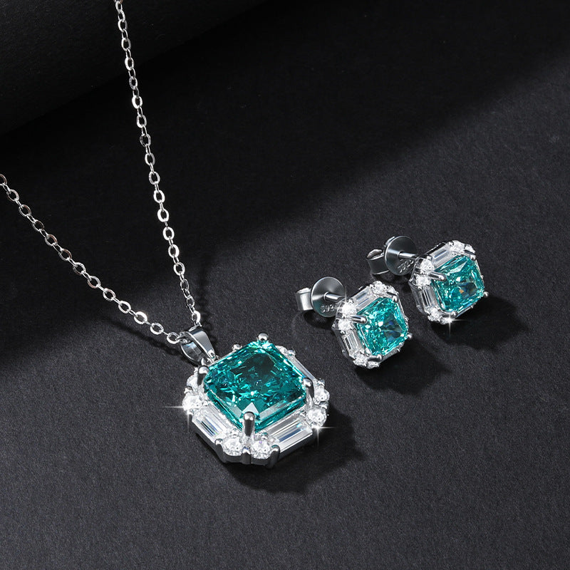 Paraiba Ice Flower Cut Zirconia Earrings Necklace Jewelry Set S925 Sterling Silver Sapphire Earrings Necklace