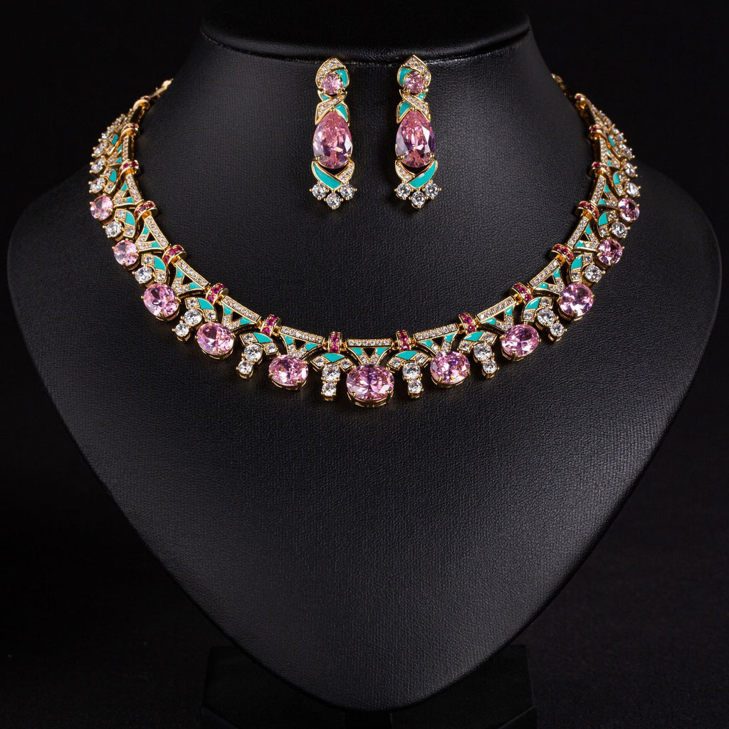 Cross-Border Same Style Necklace Irregular Pink Gem Luxurious Oil Drip Craft High-End Feel Women's Evening Collarbone Chain Jewelry for Women