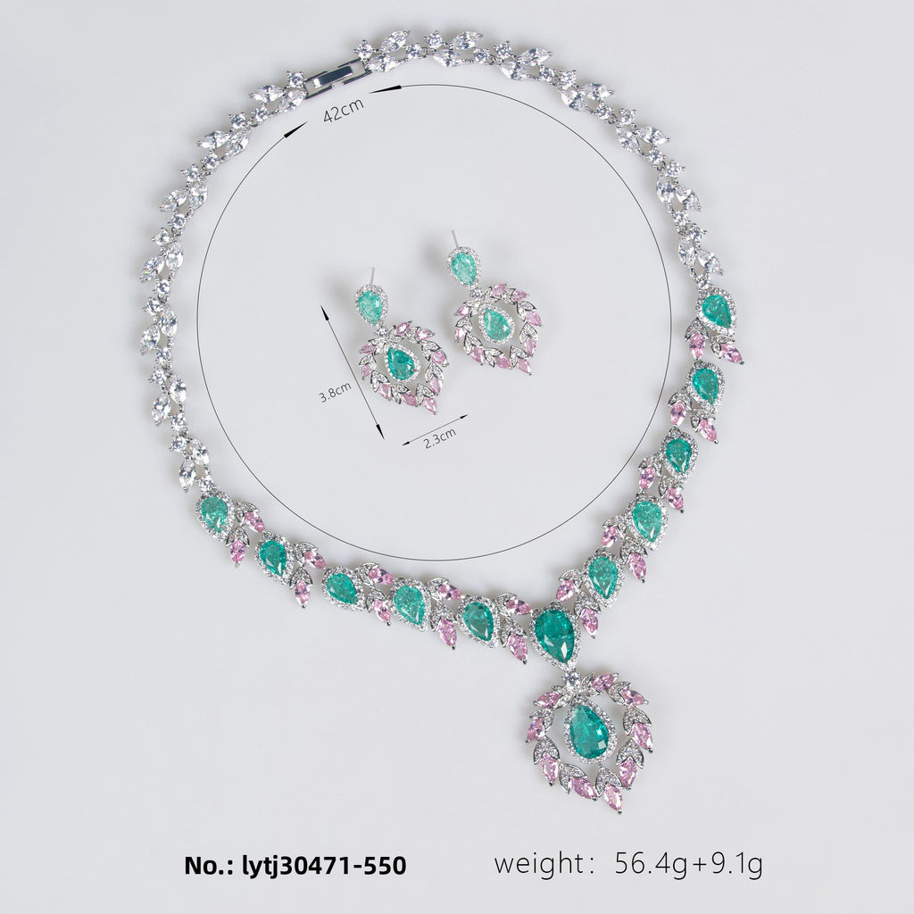 Bridal Dress Jewelry Set Zircon Water Drop Inlaid Multi-color Matching Middle Eastern Jewelry Necklace Earrings Jewelry