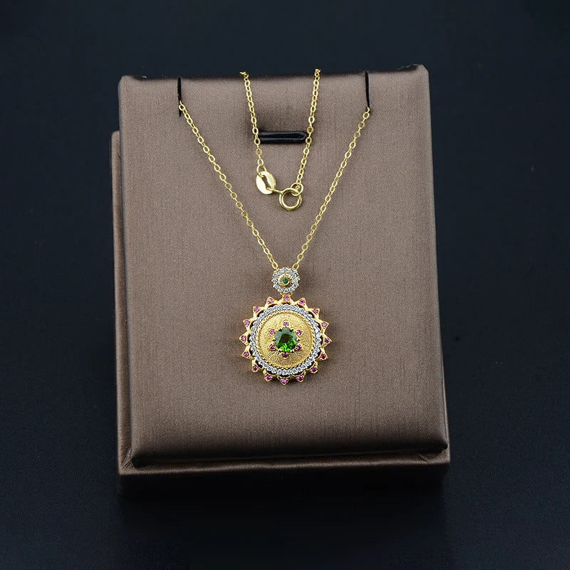 925 Sterling Silver Gold-Plated Gemstone Sunflower Vintage Necklace Cross-Border Women's Personality Temperament Collarbone Chain Necklace