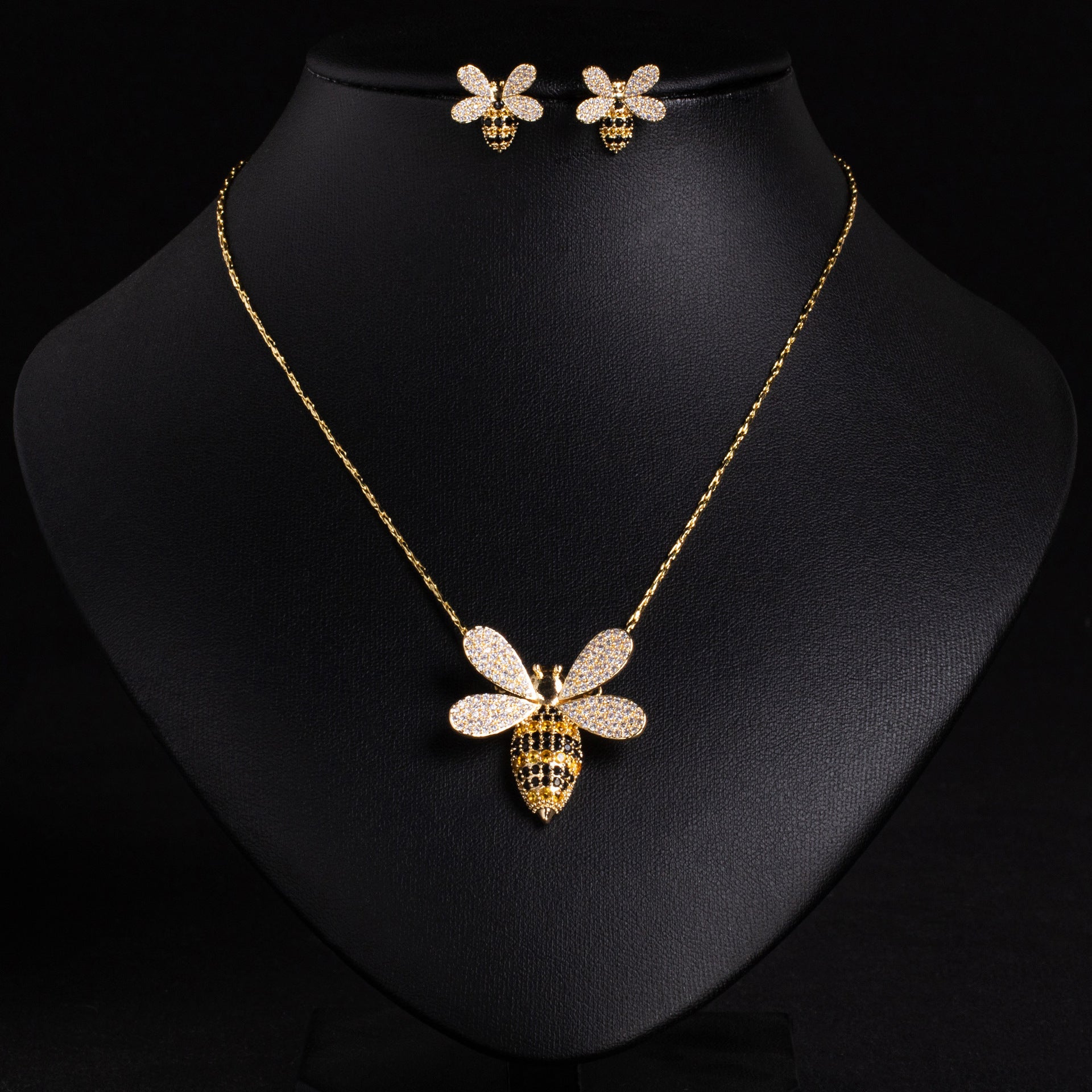 Internet Celebrity Hot-Selling Bee Zircon Ring Earrings Necklace Diamond-Studded Bee Pendant Exquisite Personality Sweet Set