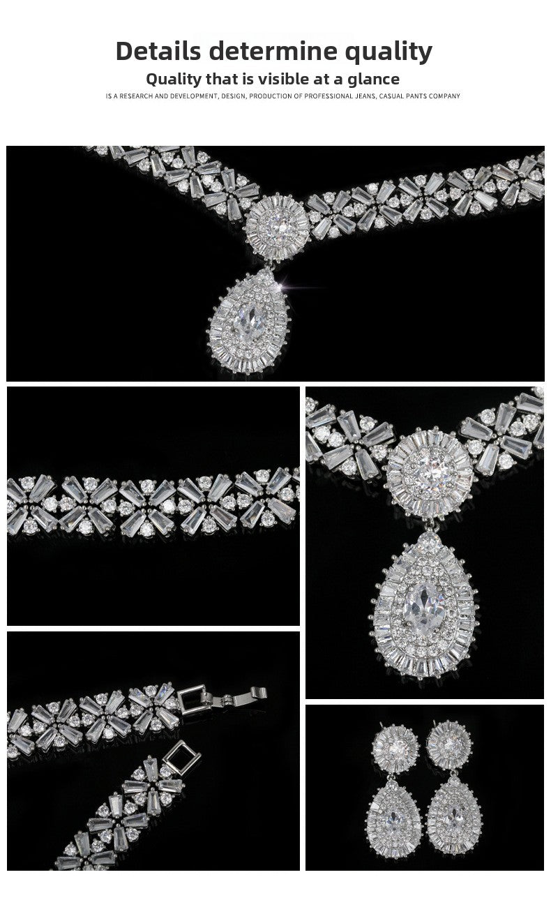 Classic 3A Zircon Water Drop Pendant Necklace Two-Piece Set Clip-On Earrings Without Piercing Bridal Jewelry Set